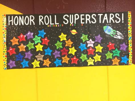 Celebrating honor roll success Celebrating Success Bulletin Board, Honor Roll Celebration Ideas, Honor Roll Gifts For Students, Achievement Board Ideas, Honor Roll Bulletin Board Ideas, Star Student Poster, Achievement Board, Classroom Data Wall, Pbis Rewards