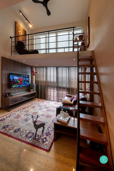 10 Amazing Loft Apartments In Singapore | Article | Qanvast | Home Design, Renovation, Remodelling & Furnishing Ideas Narrow Homes, Small Loft Apartments, Adu Ideas, A Loft Bed, Design Ložnic, Tiny Loft, Loft House Design, Tiny House Interior Design, Wooden Tv