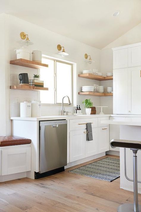 Kitchen Shelf Design, White Beveled Subway Tile, Over Kitchen Sink, Above Kitchen Sink, Floating Kitchen Shelves, Kitchen Sink Window, Kitchen Window Design, Small White Kitchens, White Shaker Kitchen Cabinets