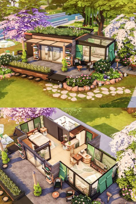 Lovely The Sims 4 house with a tiny blossom garden. It's an excellent, quiet, and eco-friendly escape for two Sims. The house is playtested. No CC used. #ShowUsYourBuilds #thesims4 #sims4 #sims4game #ts4house #ts4nocc #tsr #sims4home #ts4mm #simshousedesign #floorplan #maxismatch #floorplanssims4 @lhonna_sims Sims Outside House, Sims4 Tiny House Floor Plan, Sims 4 Tiny House Community, Ts4 Loft House, The Sims 4 Tiny House Ideas, Garden Tiny House, Garden House Sims 4, The Sims Tiny House Ideas, Sims 4 Tiny Cabin