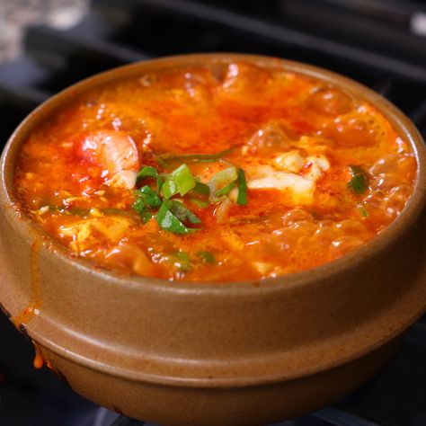 Sundubu Jjigae Recipe, Spicy Tofu Soup, Magic Lemon Cobbler, Lemon Cobbler, Soondubu Jjigae, Soft Tofu Stew, Jjigae Recipe, Maangchi Recipes, Hot Spicy Food