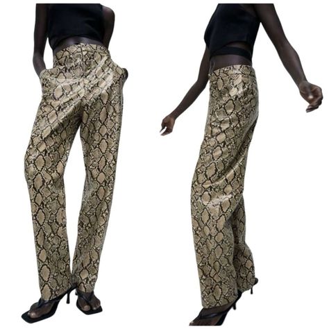 Zara High Rise Snakeskin Animal Print Faux Leather Straight Leg Trousers Pants Waist 13" Rise 11" Inseam 30" Brand New Without Tags Purple Pajama Pants, Zara Leather Pants, Purple Pajamas, Zara Leggings, Black Harem Pants, Straight Cut Pants, Metallic Pants, Zara Jumpsuit, Zara Leather