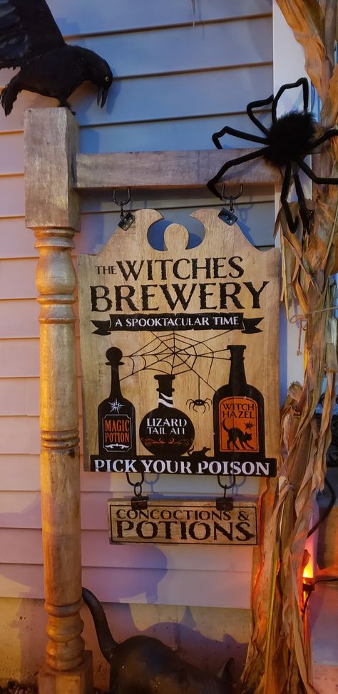 Halloween Sign Post, Diy Halloween Wooden Signs, Broom Parking Sign Halloween Witches, Haunted House Signs Diy, Diy Cemetery Sign, Scary Halloween Signs, Hocus Pocus Signs Wood Diy, Headboard Halloween Sign, Halloween Witch Signs