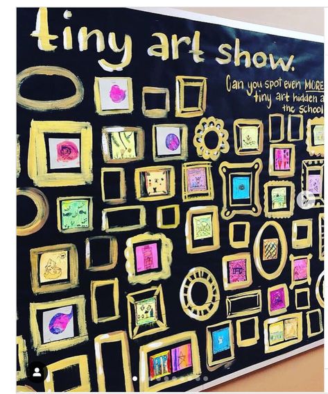 Classroom Art Work Display, Interactive Art Ideas Activities, Gallery Wall Bulletin Board, Artwork Display Bulletin Boards, Art Back To School Bulletin Board, Art Class Themes, Art Club Painting Ideas, Interactive Art Bulletin Boards, Open House Ideas For Art Teachers