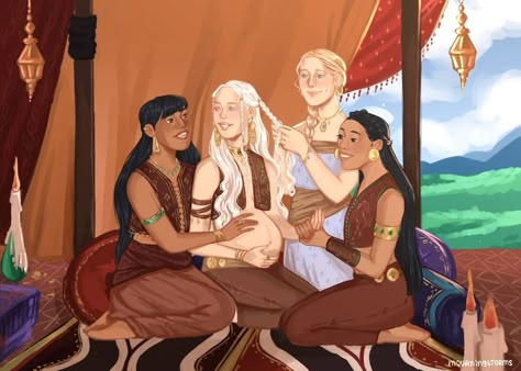 dani 🌒 | Dany, Irri, Jhiqui, and Doreah <3 i did a Twitter poll back in February asking what piece they would prefer to see me draw, and only now i… | Instagram Daenerys Targaryen Book, Game Of Throne Daenerys, Twin Star Exorcist, Got Dragons, Fire And Blood, George Rr Martin, Targaryen Art, Asoiaf Art, Game Of Thrones Art