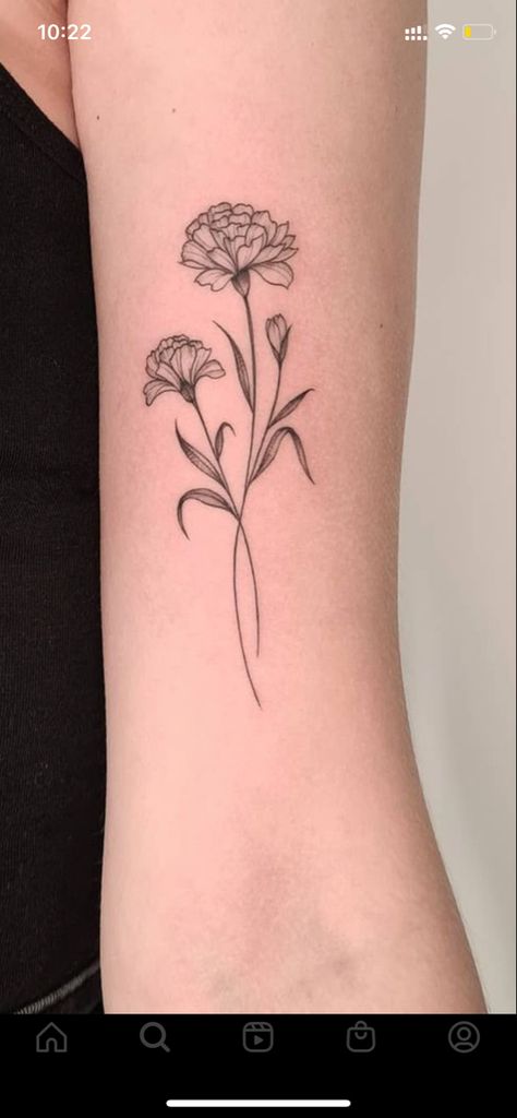 Cute Marigold Tattoo, Marigold And Snowdrop Tattoo, Marigold Fineline Tattoo, Carnation Line Art Tattoo, Carnation Chrysanthemum Tattoo, Carnation Flower Stencil, Carnation Flower Tattoo Behind Ear, Small Carnation Flower Tattoo, Fineline Marigold Tattoo