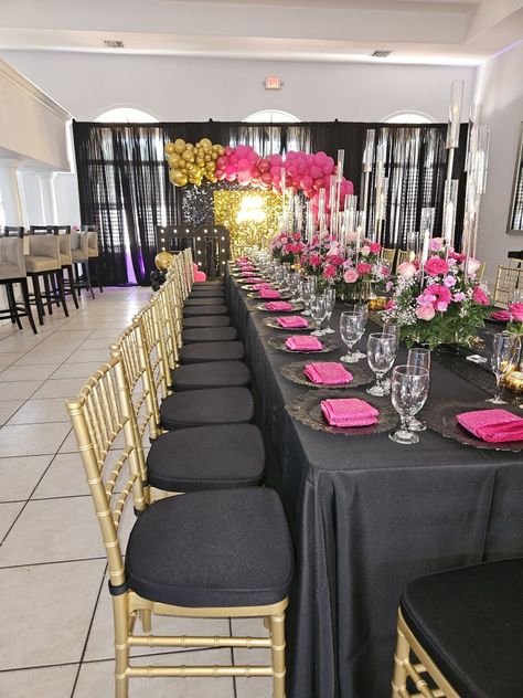 Pink And Black Table Decorations, Pink Black And Gold Party Decorations, Black And Pink Party Theme, Pink Birthday Theme, Pink Table Decorations, Black And Gold Party Decorations, Pink Party Theme, Birthday Decorations At Home, 31st Birthday