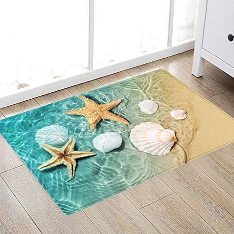 Beach Starfish Scallop Print Sponge Foam Bath Rugs and doormats Non Slip Absorbent Super Cozy Flannel Bathroom Rug Ca... Seashell Bathroom, Bathtub Mats, Seaside Beach, Beach Bathrooms, Polyester Rugs, Bathroom Mats, Bath Rug, Bath Rugs, Bathroom Rugs