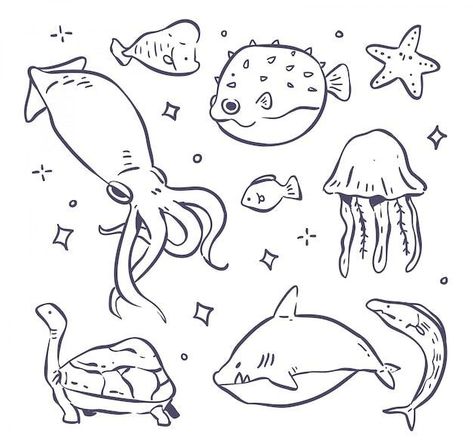 Doodle Art Sea Animals, Under Water Animals Drawing, Doodle Art Sea, Aquatic Animals Drawing Easy, Marine Animal Doodles, Ocean Doodle Art, Ocean Animals Drawing Easy, Ocean Animals Doodles, Cute Marine Animals Drawing