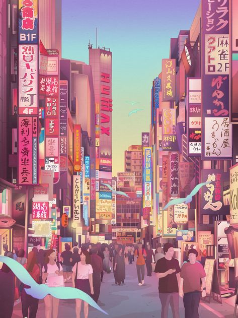 Illustrations by Camila Nogueira that drip with pastel tones and elegant lines to depict golden hour around the world | Creative Boom Cityscape Drawing, Japanese Hotel, Tokyo Art, Tokyo City, Japan Street, Small Wall Art, Japon Illustration, City Illustration, Japan Aesthetic