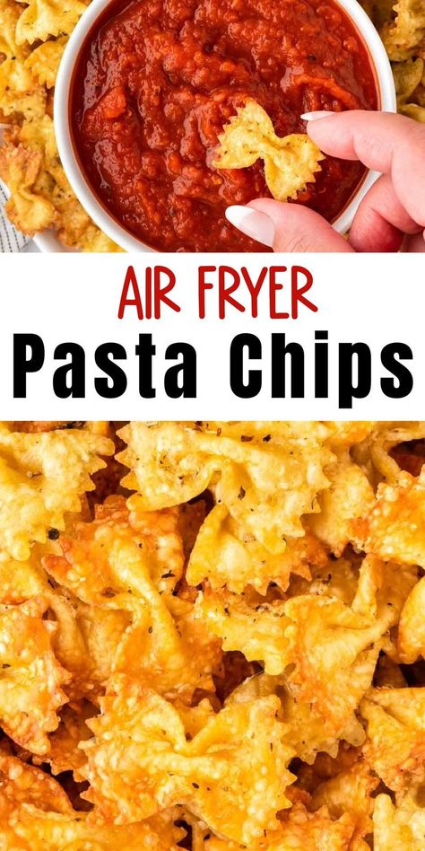 These air fryer pasta chips are the crispy delicious appetizer you didn’t know you needed! Dip these crispy noodle chips in marinara for a snack everyone will go crazy over. Tiktok Snack Recipes, Noodle Chips, Crunchy Pasta, Pasta Chips Recipe, Viral Tiktok Pasta, Tiktok Snacks, Chips In The Air Fryer, Air Fryer Pasta Chips, Air Fryer Pasta