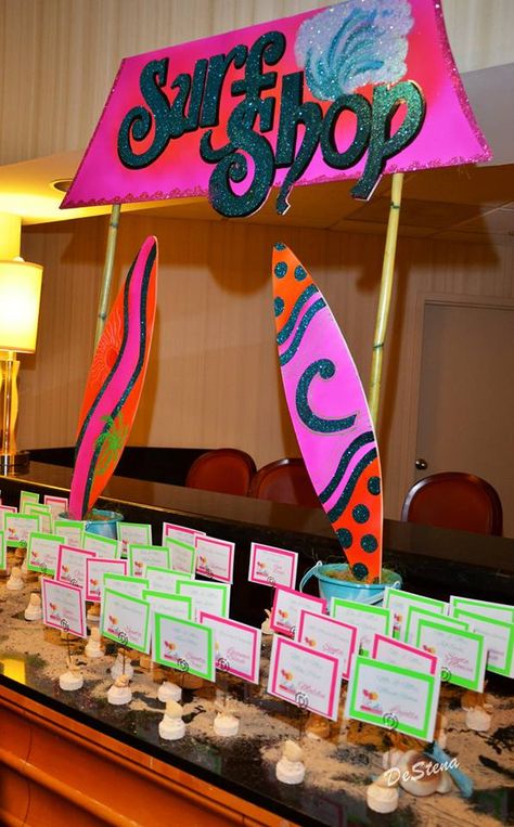 Beach Theme Bat Mitzvah www.tieabowdallas.com Dallas, Texas Boardwalk Theme Party Decorations, Beach Theme Dance, Kindergarten Carnival, Cabana Party, Boardwalk Theme, Baseball Centerpiece, Sports Party Centerpieces, Beach Dance, Bat Mitzvah Themes