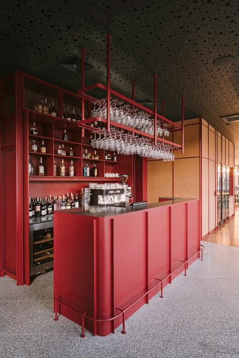 Small Bar Areas, Bar Restaurant Design, Architecture Restaurant, Design Café, Small Bars, Glass Building, Red Bar, Elegant Chair, Mini Bars