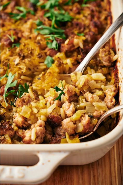 Sausage and Rice Casserole Sausage Rice Casserole Recipes, Italian Sausage And Rice Casserole, Rice And Sausage Recipes, Sausage Rice Casserole, Sausage And Rice Casserole, Sausage And Rice, Leftover Breakfast, Sausage Rice, Fluffy Rice