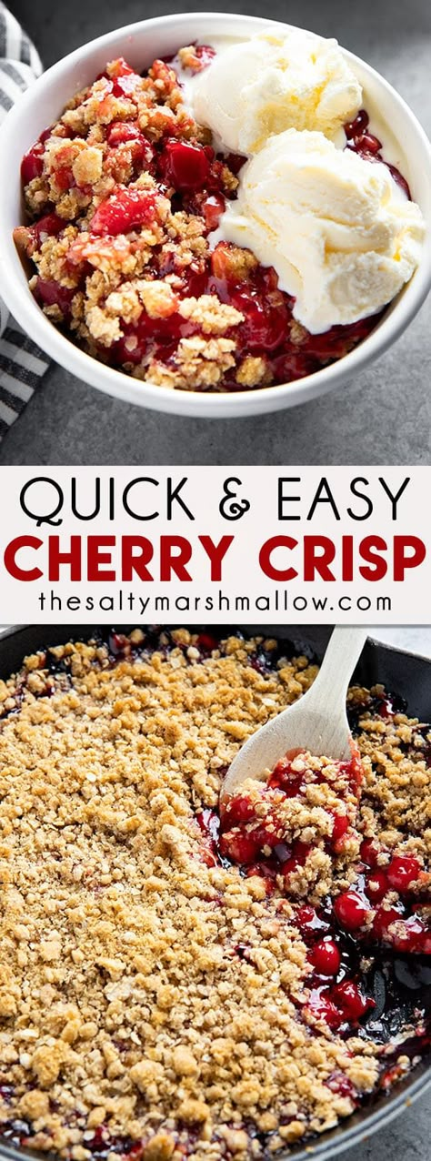 Easy Cherry Crisp is a fun and simple dessert that uses canned pie filling!  The quick homemade topping for this crisp is flavorful and comforting! Easy Cherry Crisp, Canned Pie Filling, Cherry Crisp Recipe, Crumble Recipes, Crisp Desserts, Cherry Crisp, Nutella Brownies, Simple Dessert, Cherry Desserts