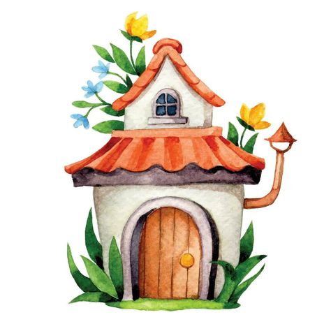 cute flower house, watercolor drawing with fairy house in flower garden Fairy House Drawing, Fairy Garden Drawing, House Tattoo, House Watercolor, Watercolor House Painting, Flower House, Garden Drawing, House Illustration, Home Tattoo