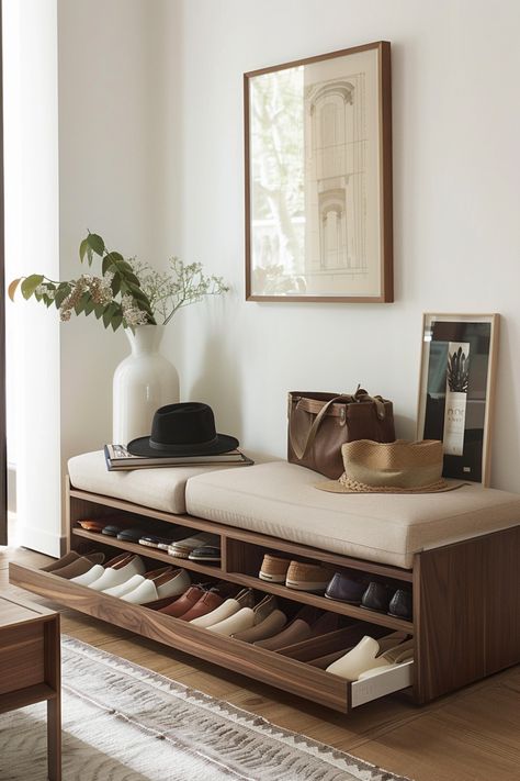 Use these innovative methods to store your shoes so that you never have to trip over a loose sneaker again! Home Entrance Bench, Hallway Bench With Shoe Storage, Narrow Hallway Seating Ideas, Entry Way Ideas With Shoe Storage, Shoe Bench With Storage, Shoes Furniture Ideas, Entranceway Bench Ideas, Shoe Storage With Bench, Storing Shoes Ideas