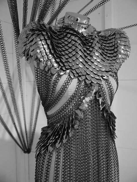 Chain mail and scale mail mix dress. much work in that. Armored Dress, Samurai Girl, Armor Dress, Scale Mail, Metal Dress, Female Armor, Fringe Fashion, Fantasy Costumes, Fantasy Armor