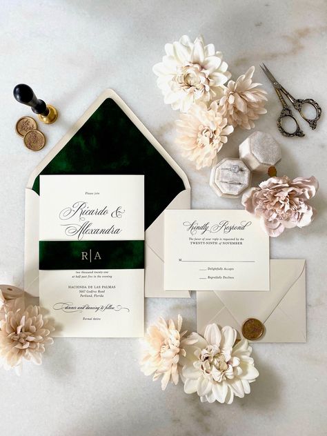 "ALEXANDRA ♥ This invitation can be customized to match the colors of your event. Please ask for more details and available color options. FEATURED COLORS ~ Black Digital Printing on Natural White Card Stock ~ Mist Envelopes with Emerald Green Velvet Liner ~ Emerald Green Velvet Belly Band with Gold Foil Monogram ~ Natural White RSVP Card with Mist Envelope DIMENSIONS = 5.5\" x 8.5\" PROCESSING TIME= 4-6 weeks MINIMUM ORDER QTY= 50 pieces  SAMPLES  If you would like to see a sample before orderi Emerald Wedding Invitations, Gold Stationery, Velvet Invitation, Velvet Wedding Invitations, Green Gold Weddings, Ivory Wedding Invitations, Dark Green Wedding, Green Invitations, Black And White Wedding Theme