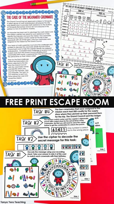 Can you find the imposter? This free print escape room is a logic puzzle and mystery rolled into one collaborative math game. The built in checkpoints provide immediate feedback for students. Perfect for upper elementary!Skip the Escape Room Printable Free, School Escape Room Ideas, Escape Room Printable, Escape Room Puzzles For Kids, Free Escape Room Printable, Kids Escape Room, Kids Escape Room Ideas, Escape Room Puzzles For Teens, Printable Escape Room