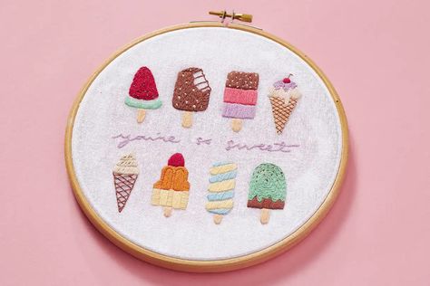 Straight Stitch Embroidery, Ice Cream Embroidery, Stitch Head, Cream Embroidery, Long And Short Stitch, Art Colourful, Bee Embroidery, Colourful Art, Embroidery Template