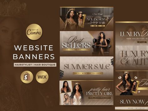 Luxury DIY Hair Web Banners | Hair Boutique Web Banners | Hairstylist Shopify Wix Banners | Beauty Hair Branding | Brown Gold Hair, Wigs Business, Hair Website, Luxury Aesthetics, Salon Owner, Hair Boutique, Brand Pop, Web Banners, Website Banner