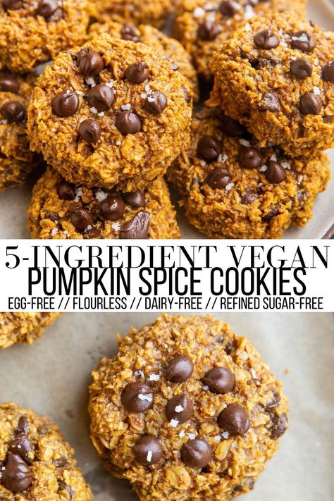 5-Ingredient Vegan Pumpkin Oatmeal Cookies are flourless, dairy-free, refined sugar-free, and egg-free! Healthy oatmeal cookies with a fall twist. This easy recipe results in rich and chewy pumpkin cookies that are healthy enough to eat for breakfast! #vegan #healthy #flourless #dessert #oats #oatmeal Vegan Pumpkin Oatmeal, Chewy Pumpkin Cookies, Healthy Oat Cookies, Pumpkin Cookies Healthy, Pumpkin Cookies Easy, Vegan Pumpkin Cookies, Chewy Oatmeal Cookies, Vegan Gluten Free Cookies, Pumpkin Oatmeal Cookies