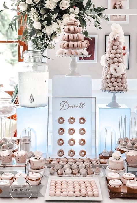 wedding dessert table ideas vintage modern donuts desert table candybarslodkiestoly Dessert Table Ideas Wedding, Wedding Dessert Table Ideas, Candy Station Wedding, Table Ideas Wedding, Food Setup, Desert Tables, Diy Dessert Table, Rustic Dessert Table, Dessert Table Ideas