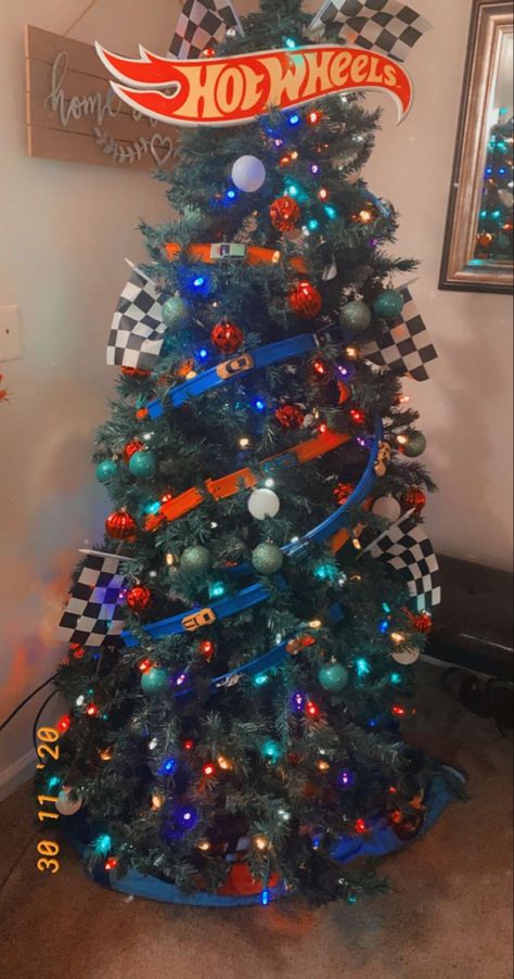 Cartoon Christmas Tree Decorations, Hot Wheel Christmas Tree, Hotwheels Christmas Tree Ideas, Hot Wheels Christmas Tree Ideas, Boys Christmas Tree Ideas, Sonic Christmas Tree, Themed Christmas Tree Ideas For Kids, Kids Christmas Tree Themes, Spiderman Christmas Tree