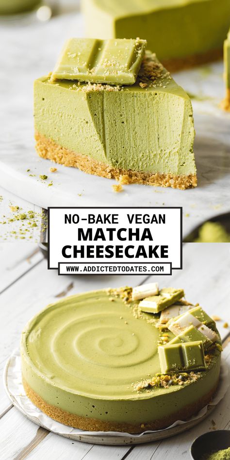 Matcha Cheesecake (No Bake, Vegan) Matcha Pistachio Cake, Matcha Cheesecake Recipe, Cake No Bake, Creamy Matcha, Buttery Cookie, Matcha Cheesecake, Matcha Dessert, Matcha Cake, Raw Cake