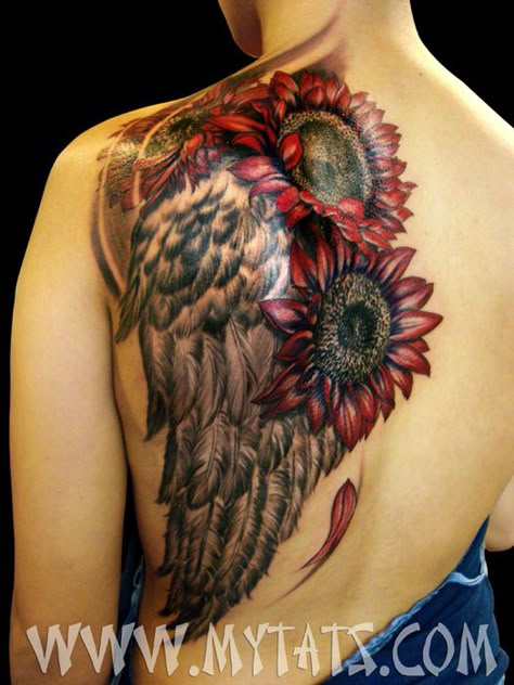 sunflowers and wing tattoo by Lucy Hu Sunflower Wings Tattoo, Women Black And White Tattoos, Maroon Sunflower Tattoo, Red Sunflowers Tattoo, Red And Yellow Sunflower Tattoo, American Flag Sunflower Tattoo, Red Sunflower Tattoo, Memorial Sleeve Tattoos For Women, Nape Tattoo