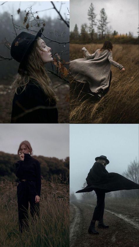 Creative Moody Photoshoot Ideas, Black Fall Photoshoot, Moody Woods Photoshoot, Photoshoot Autumn Ideas, Moody Fall Photoshoot, Fall Photoshoot Ideas For Women, Gloomy Photoshoot, Autumn Portrait Photography, Autumn Photoshoot Ideas