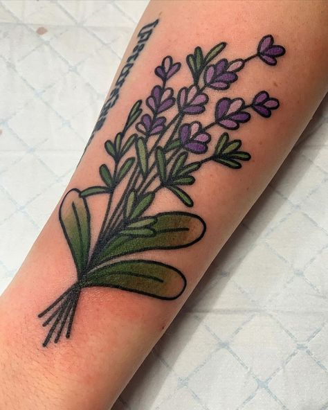 Texas Sage Tattoo, Neo Traditional Lavender Tattoo, Lavender American Traditional Tattoo, Lavender Flash Tattoo, American Traditional Lilac Tattoo, Lavender Tattoo Queer, Lavender Tattoo Forearm, Violet And Lavender Tattoo, Traditional Lilac Tattoo