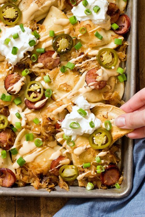 Beer Cheese Nachos, Pierogi Dipping Sauce, Perogie Sauce Recipes, Pierogi Nachos, Perogies And Kielbasa, Recipe With Kielbasa, Pittsburgh Recipes, Kielbasa Sauerkraut, Pierogies And Kielbasa