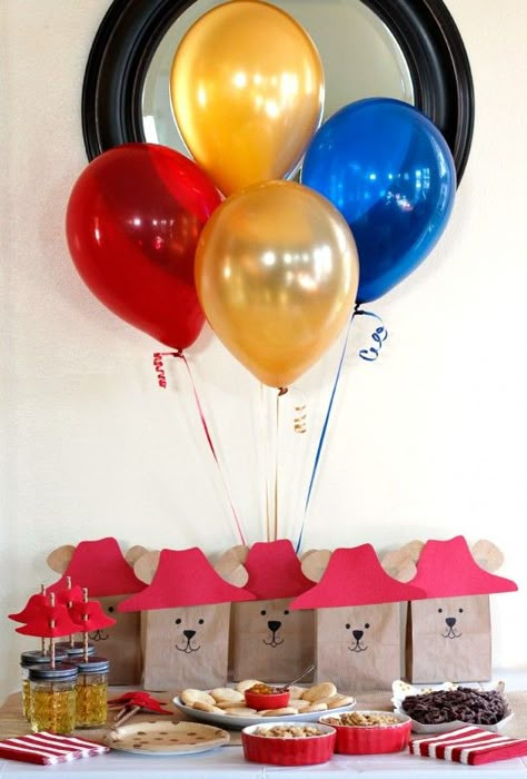 Paddington Bear Birthday Party: Adorable Paddington gift bags and balloons. Simple, easy party decor! Don't forget to watch the Paddington movie on January 16, 2015! Thanks for sharing these creative ideas, @makeandtakes! Paddington Bear Birthday Party Ideas, Paddington Bear 2nd Birthday Party, Paddington Party Decorations, Paddington Bear Themed Party, Paddington 1st Birthday, Paddington Decorations, Paddington First Birthday, Paddington Bear 1st Birthday Party, Paddington Theme Party