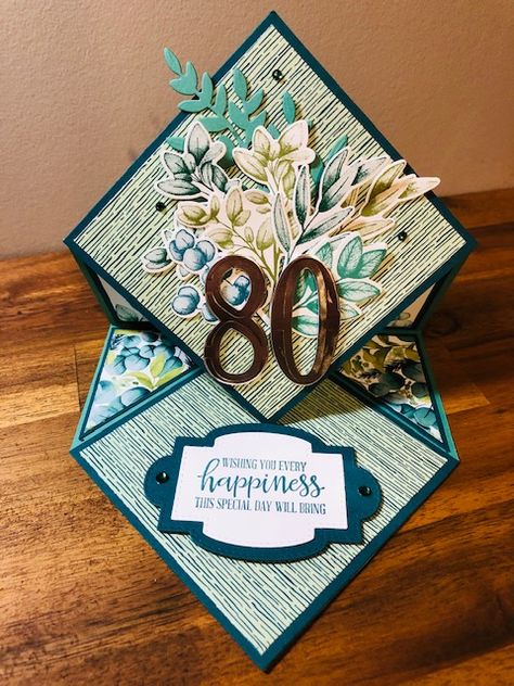 80th Birthday Card Ideas Handmade, 80 Birthday Card Woman, Stampin Up 60th Birthday Cards For Ladies, Stampin Up Female Birthday Card Ideas, Female 80th Birthday Cards, Handmade 80th Birthday Cards, Diamond Easel Card Tutorial, Diamond Easel Card, Birthday Cards For Ladies