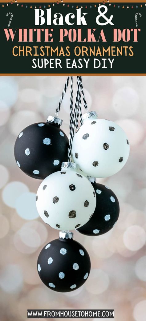 Super easy DIY for black and white polka dot Christmas ornaments. Diy Black Ornaments Tree Decorations, Black And White Ornaments Xmas Trees, Dot Christmas Ornaments, Black Painted Ornaments, Polka Dot Ornaments, Black And White Christmas Ornaments, White Christmas Tree Wuth Black Ornaments, Christmas Pictures With Lights, Christmas Tree Colour Scheme