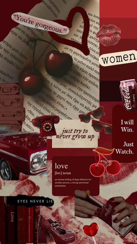 #vintage #books #wallpaper #red #cherry #love Red Collage Wallpaper Aesthetic, Cherry Wallpaper Aesthetic Iphone, Vintage Books Wallpaper, Pretty Backrounds, Burgundy Aesthetic, Books Wallpaper, Pink Wallpaper Ipad, Cute Easy Doodles, Rose Gold Wallpaper