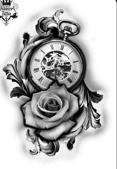 Tato Jam, Pocket Watch Tattoo Design, Clock And Rose Tattoo, Watch Tattoo Design, Pocket Watch Tattoos, Rose Clock, Rose Flower Tattoos, Rose Drawing Tattoo, Clock Tattoo Design