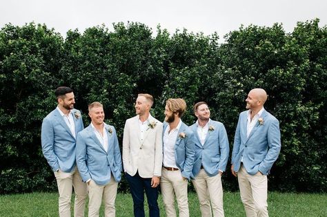 Cream And Blue Groomsmen, Wedding Suits Light Blue, Colourful Groomsmen, Light Blue Bridal Party, Groomsmen Light Blue, Cinderella Blue Wedding, Blue Groomsmen Attire, Wedding Tuxes, Casual Groomsmen