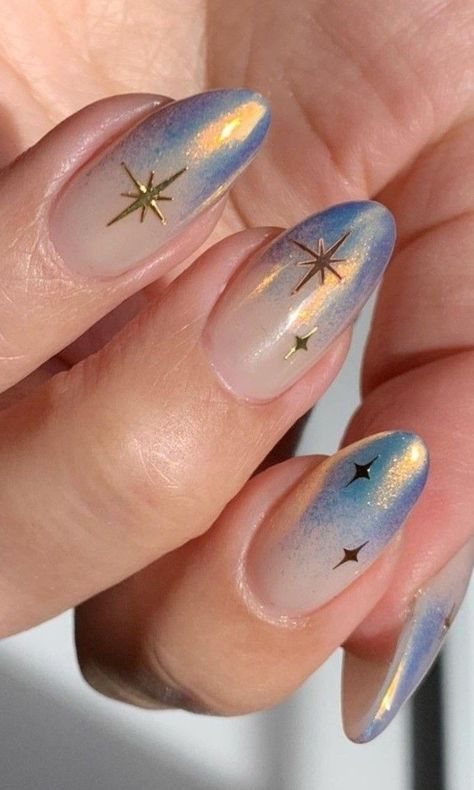 Iridescent Star Nails, Astrology Themed Nails, Dreamy Nail Designs, Holo Nail Art, Starry Nail Designs, Solstice Nails, Astronomy Nails, Irridecent Design Nails, Dreamy Nail Art