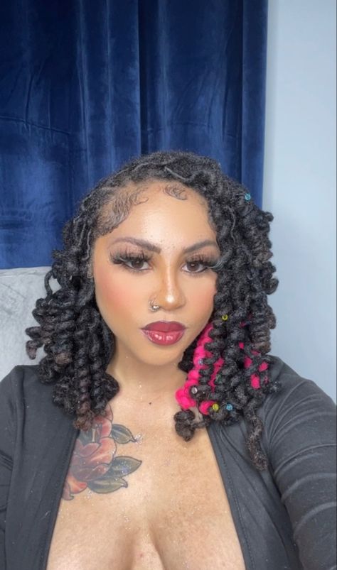 Creative Locs Styles, Locs Hairstyles For Women Curls, Latina With Locs, Prom With Locs, Loc Hairstyles For Women Prom, Prom Hairstyles For Black Women Locs, Birthday Hairstyle With Locs, Locs With Gems, Vintage Loc Styles