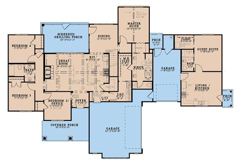 Farmhouse House Plan 82757 with 5 Beds, 3 Baths, 3 Car Garage Level One House With Inlaw Suite Floor Plans, Multi Generational House Plans In Laws, House Plans With In Law Suite One Story, Multigenerational House Plans In Laws, Next Gen House Plans, Multi Generational House Plans, Next Gen Homes, Multigenerational House Plans, Multigenerational House