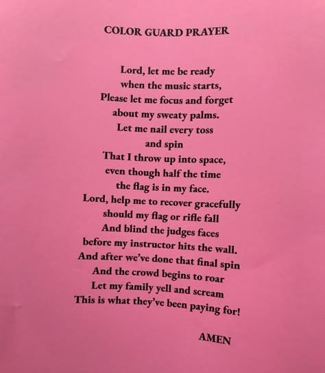 Give your guard sisters a color guard prayer with a little humor before competition to lift up their spirits. Color Guard Competition Checklist, Color Guard Humor, Color Guard Moves, Color Guard Memes Funny, Color Guard Aesthetic, Color Guard Tips, Color Guard Funny, Color Guard Memes, Color Guard Quotes