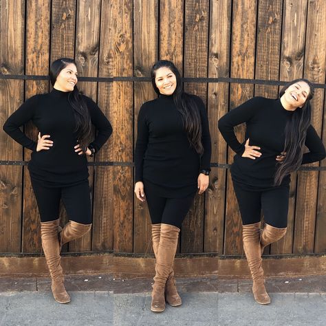 Plus Size Outfits With Tall Boots, Plus Size Tall Boots Outfits, Long Black Boots Outfit Plus Size, Plus Size Knee High Boots Outfits, Over The Knee Boots For Plus Size Women, Over The Knee Boots With Jeans Plus Size, Over The Knee Boots Plus Size, Knee High Boots Outfit Plus Size, Brown Over The Knee Boot Outfit