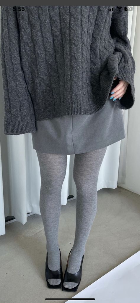 Grey Stockings Outfit, Turtle Neck Layered Outfit, Grey Socks Outfit, Gray Outfit Aesthetic, Knit Tights Outfit, Grey Tights Outfit, Tights And Loafers, Tights And Skirt Outfit, Skirt And Tights Outfit