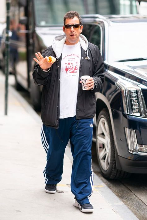 Adam Sandler and Jennifer Aniston: Sloppy and chic | Page Six Adam Sandler Outfits Spirit Week Pants, Dress Like Adam Sandler Day Jeans, Adam Sandler Winter Outfit, Adam Sandler Fits Aesthetic, Adam Sandler Outfits Sweatpants, Adam Sandlercore, Adam Slander Outfits, Adam Sandler Fashion, Adam Sandler Outfit Aesthetic