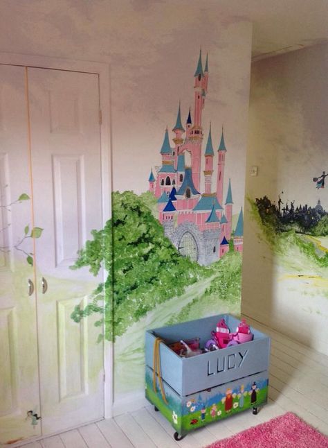 Princess Mural, Princess Room Ideas, Painted Wall Mural, Disney Playroom, Castle Mural, Disney Mural, Nursery Murals, Neverland Nursery, Wonderland Room