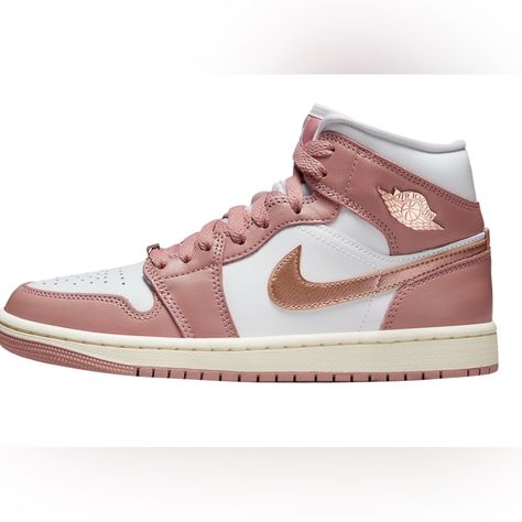 Step Out In Style With These Chic Pink And White Sneakers. Perfect For Any Casual Outing. Rosa Jordans, Aj1 Mid, Jordan 1 Red, Logo Wings, Nike X Travis Scott, Metallic Style, Blake Griffin, Air Jordan 1 Mid Se, Preppy Shoes