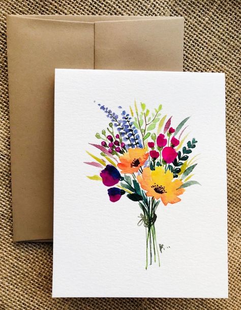 Cards With Flowers, Card Painting, Painted Cards, Flowers Painted, Flowers Illustration, Cat Air, 수채화 그림, Trendy Flowers, Ink Drawings